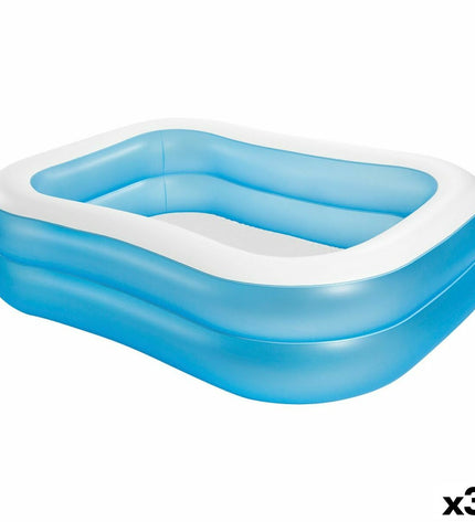 Set of three Intex inflatable blue and white kiddie pools, 540L capacity, measuring 203x48x152 cm, for outdoor garden use.