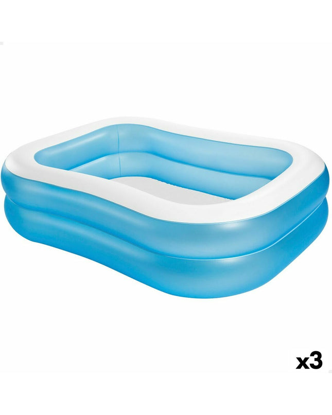 Set of three Intex inflatable blue and white kiddie pools, 540L capacity, measuring 203x48x152 cm, for outdoor garden use.