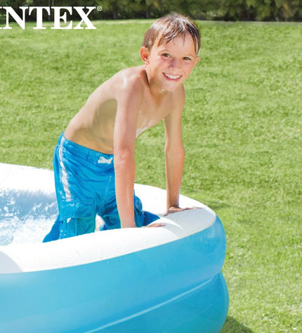 Three Intex inflatable blue and white outdoor pools, 203 x 48 x 152 cm, suitable for garden use, with water capacity of 540 liters.