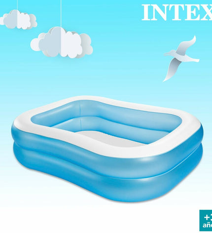 Set of three Intex inflatable blue and white backyard pools, 203 x 48 x 152 cm, suitable for garden use.