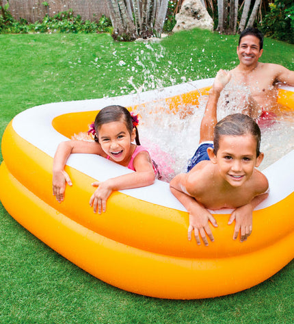 Three orange Intex inflatable swimming pools with 600L capacity, 229x48x152 cm, suitable for garden use.