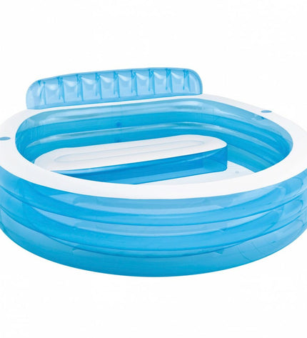 Two blue and white Intex inflatable pool lounge chairs in a garden setting, measuring 229 x 79 x 218 cm, suitable for poolside relaxation.