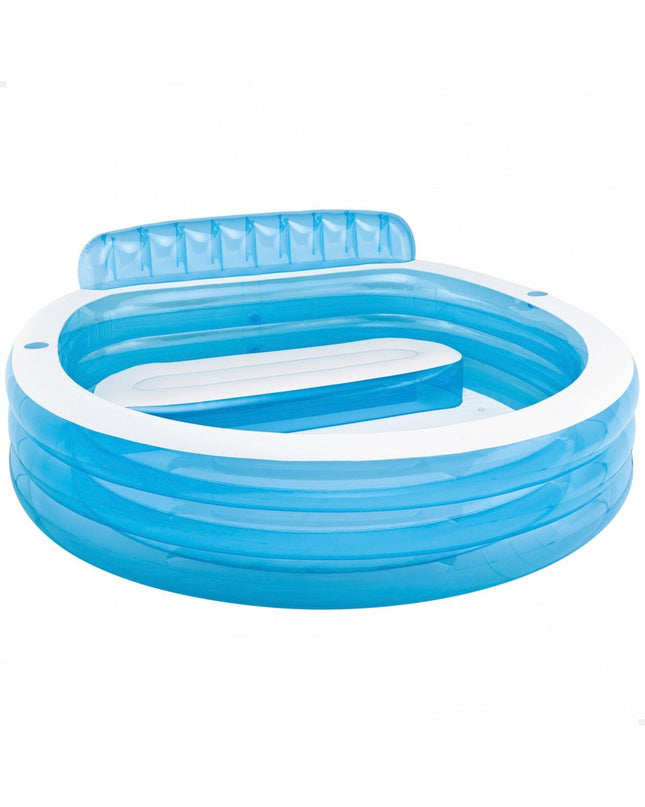 Two blue and white Intex inflatable pool lounge chairs in a garden setting, measuring 229 x 79 x 218 cm, suitable for poolside relaxation.