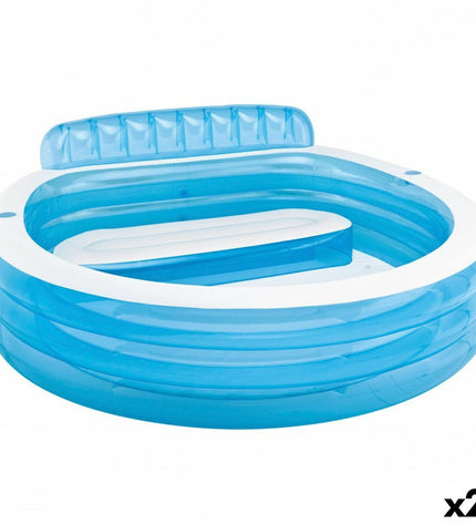 Two blue and white Intex inflatable pool lounge chairs, suitable for garden use, measuring 229 x 79 x 218 cm.