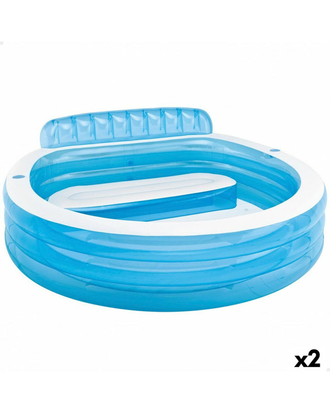 Two blue and white Intex inflatable pool lounge chairs, suitable for garden use, measuring 229 x 79 x 218 cm.