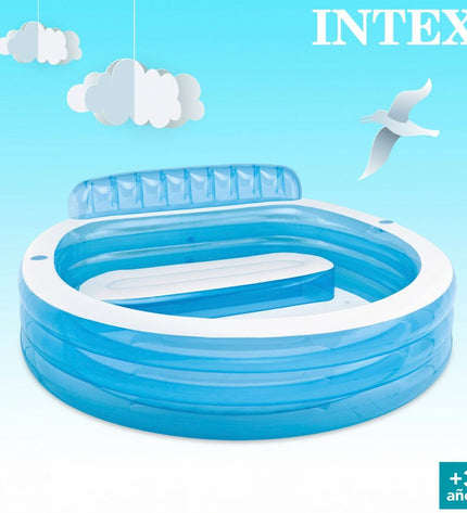 Two blue and white Intex inflatable pool lounge chairs with armrests, dimensions 229 x 79 x 218 cm, for outdoor relaxation.