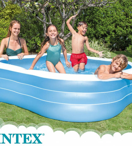 Two blue Intex inflatable swimming pools, 1250 L capacity, 229 x 56 x 229 cm, suitable for garden use.