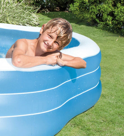 Two blue Intex inflatable swimming pools for garden, measuring 229 x 56 x 229 cm, suitable for outdoor fun.