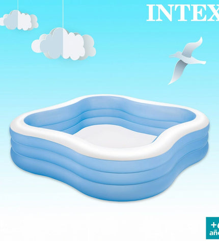 Two blue Intex inflatable swimming pools for garden use, measuring 229 x 56 x 229 cm, suitable for outdoor fun.