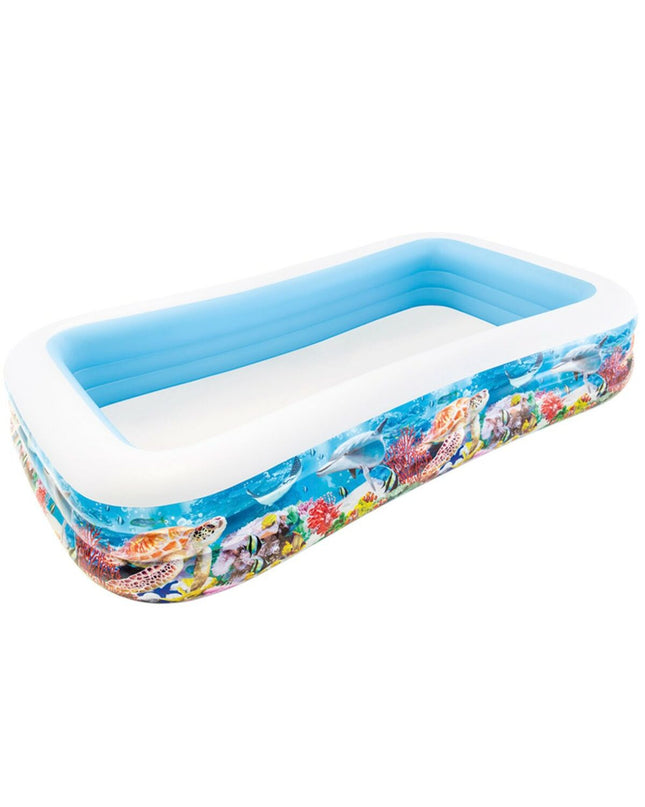 Two Intex inflatable children's pools with tropical design, measuring 305 x 56 x 183 cm, filled with water in a garden setting.
