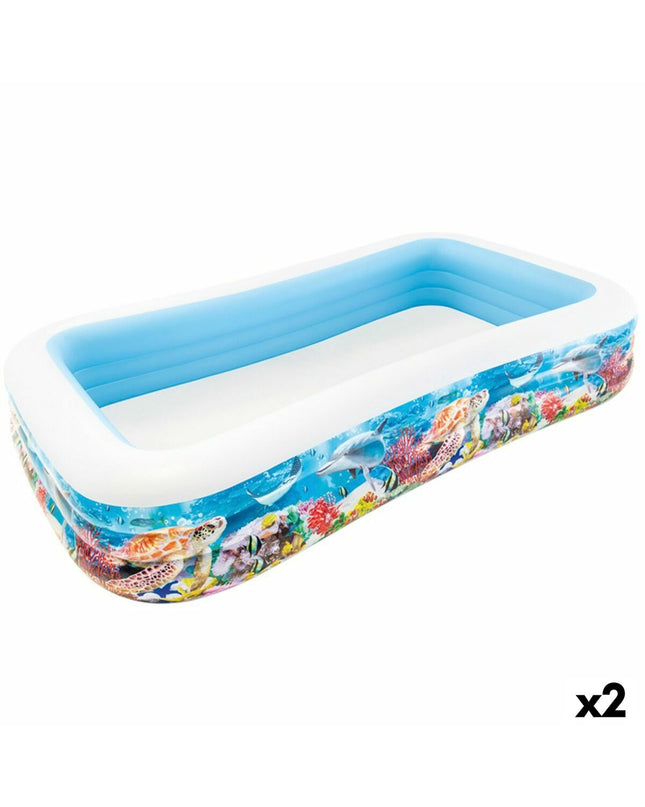 Two Intex inflatable children's pools with tropical design, measuring 305 x 56 x 183 cm, suitable for garden use.