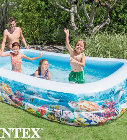 Two Intex tropical inflatable children's pools with vibrant designs, measuring 305 x 56 x 183 cm, suitable for garden fun.
