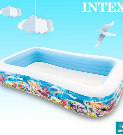 Two Intex inflatable children's tropical pools with 1020L capacity, measuring 305x56x183 cm, suitable for garden use.