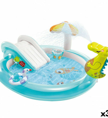 Intex inflatable crocodile children's pool set with three colorful play pools, featuring bright crocodile designs and playful water features.