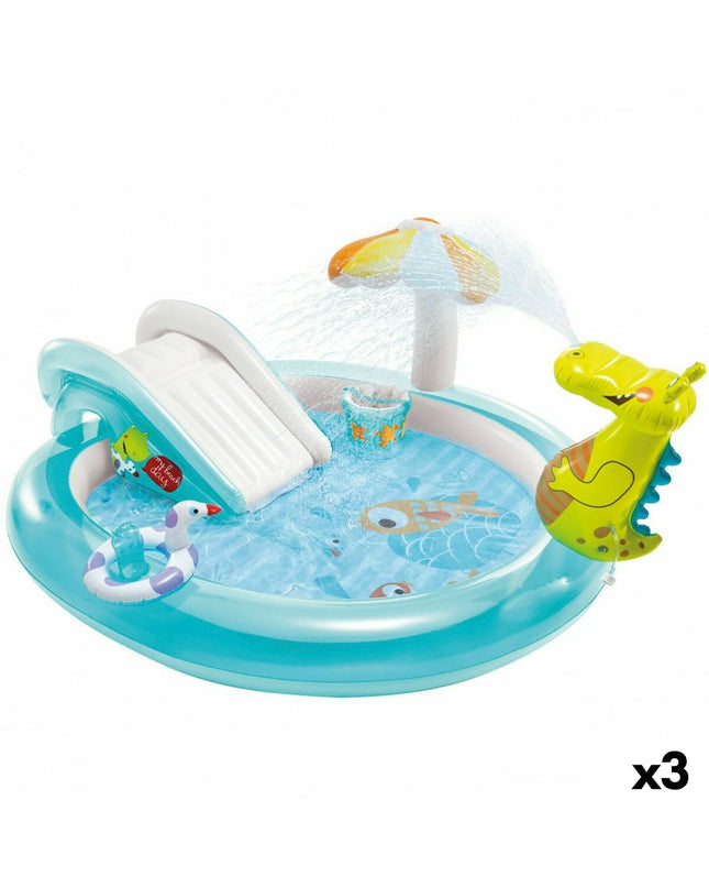 Intex inflatable crocodile children's pool set with three colorful play pools, featuring bright crocodile designs and playful water features.