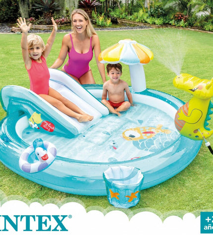 Inflatable Intex crocodile kiddie pool with play area, 201 x 84 x 17 cm, featuring three sections for outdoor water fun.