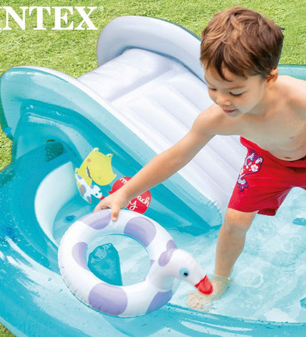 Intex inflatable crocodile children's pool with three sections, colorful and fun for outdoor play, measuring 201 x 84 x 17 cm