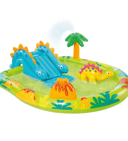 Inflatable Intex children's pool with dinosaur design, featuring three colorful play structures, measuring 191 x 58 x 152 cm.