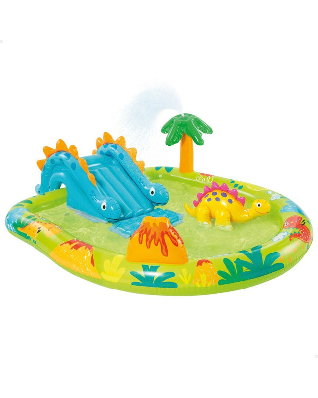 Inflatable Intex children's pool with dinosaur design, featuring three colorful play structures, measuring 191 x 58 x 152 cm.