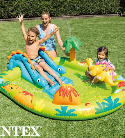 Intex inflatable children's pool with dinosaur design, three-piece set, measuring 191 x 58 x 152 cm, outdoor play toy.