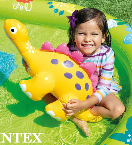 Inflatable Intex children's dinosaur-themed pool set with three pools, featuring colorful dinosaur designs, perfect for outdoor play.