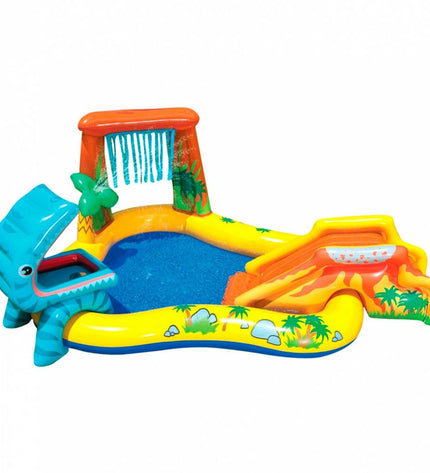 Intex dinosaur-themed inflatable kiddie pools, 272L capacity, colorful play area, suitable for outdoor water fun, two units shown.