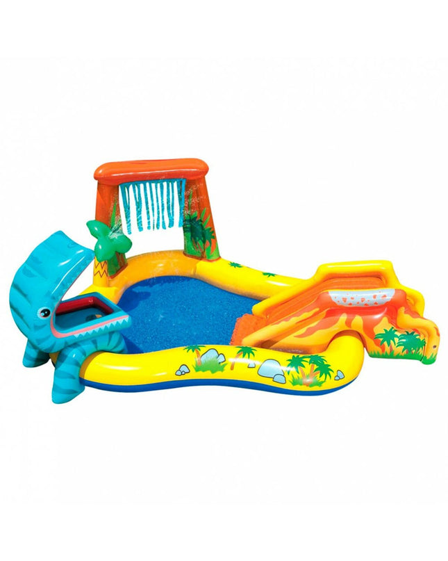 Intex dinosaur-themed inflatable kiddie pools, 272L capacity, colorful play area, suitable for outdoor water fun, two units shown.