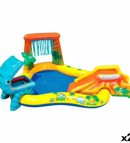 Inflatable Intex children's pool with dinosaur play themes, featuring two pools measuring 249x109x191 cm, for outdoor fun.