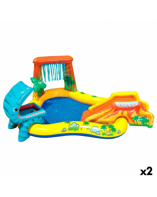 Inflatable Intex children's pool with dinosaur play themes, featuring two pools measuring 249x109x191 cm, for outdoor fun.