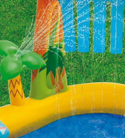 Intex dinosaur-themed inflatable kids' swimming pool with play area, 249x109x191 cm, set of two, suitable for outdoor fun.