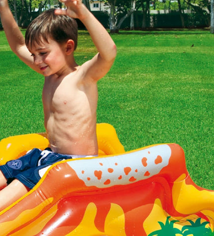 Intex opblaasbaar kinderzwembad met dinosaurus speeltuin, 272L, 249x109x191 cm, twee stuks voor buitenplezier.