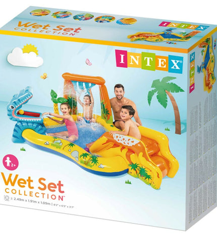 Intex inflatable children's pool with dinosaur play area, large size 249x109x191 cm, set of two for outdoor fun and toys.