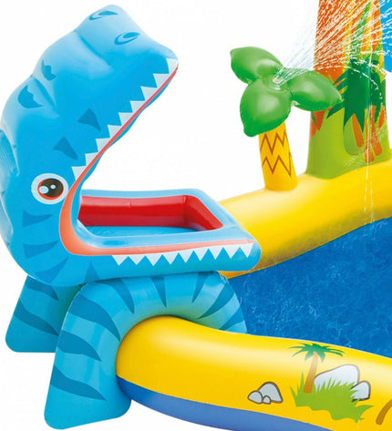 Intex inflatable children's pool with dinosaur play area, 272 L capacity, measuring 249x109x191 cm, showing two pools side by side.