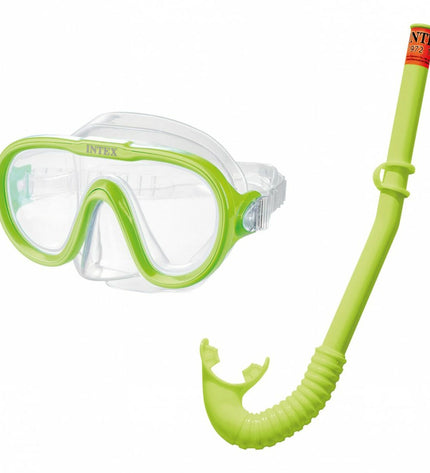 Set of six green Intex snorkel masks and snorkel tubes for kids, ideal for water sports and outdoor swimming activities.