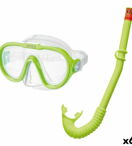 Set of six Intex Adventurer green snorkel masks and snorkel tubes for kids, suitable for water sports and outdoor activities.