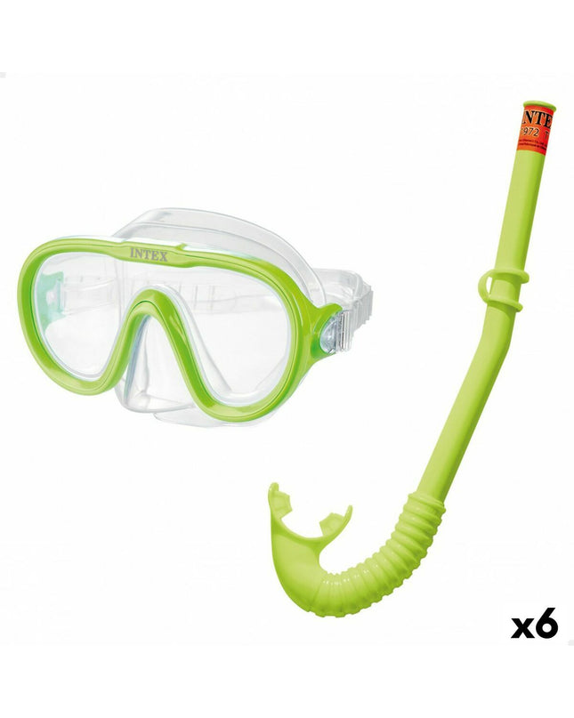 Set of six Intex Adventurer green snorkel masks and snorkel tubes for kids, suitable for water sports and outdoor activities.