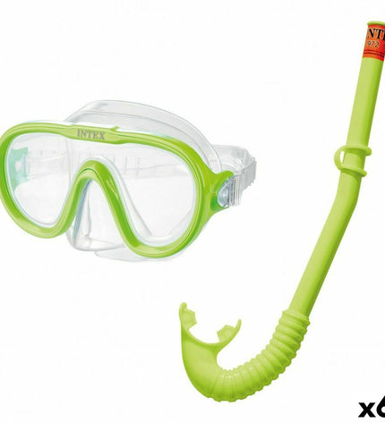 Six green Intex kids snorkel masks and snorkel tubes for outdoor water sports, suitable for children, with adjustable straps.