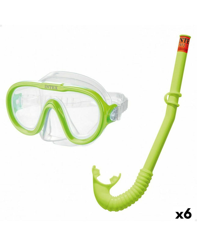 Six green Intex kids snorkel masks and snorkel tubes for outdoor water sports, suitable for children, with adjustable straps.