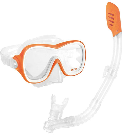 Six orange Intex Wave Rider snorkel masks and snorkel tubes for kids, designed for water sports and outdoor snorkeling adventures.