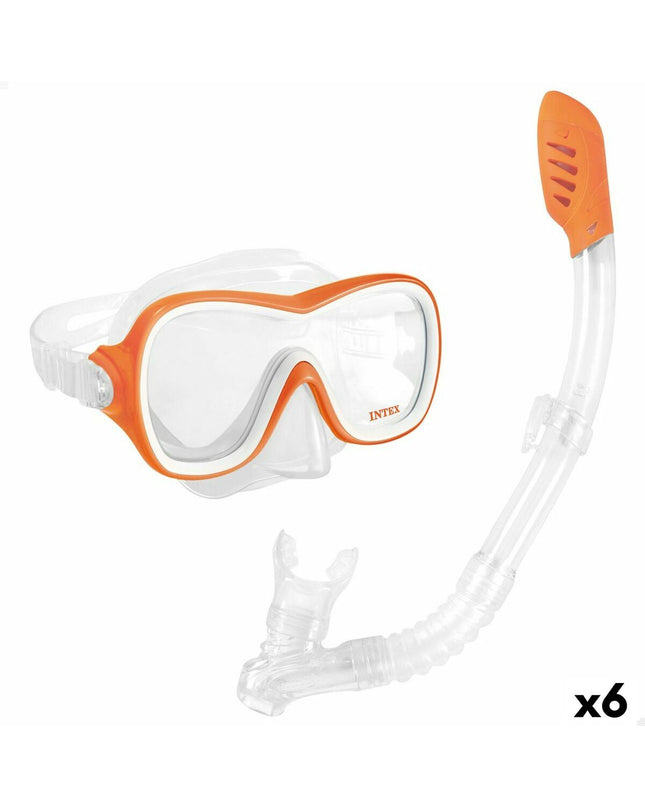 Set of six Intex Wave Rider orange snorkel masks and snorkel tubes for kids, suitable for water sports and outdoor activities.