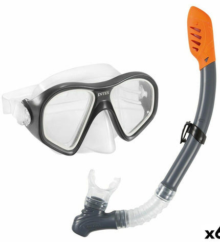 Set of six Intex Reef Rider blue snorkel masks and snorkels for kids, ideal for watersport and outdoor swimming activities.