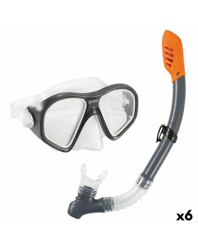 Set of six Intex Reef Rider blue snorkel masks and snorkels for kids, ideal for watersport and outdoor swimming activities.