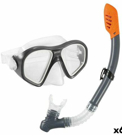 Set of 6 blue Intex Reef Rider snorkel masks and snorkel tubes for kids, ideal for watersport and outdoor swimming activities.
