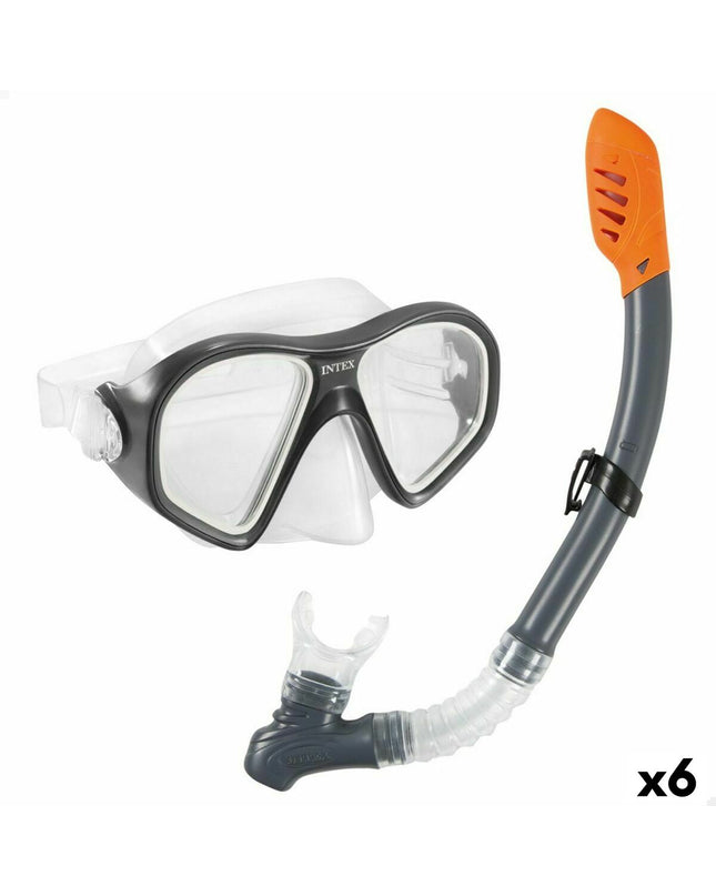 Set of 6 blue Intex Reef Rider snorkel masks and snorkel tubes for kids, ideal for watersport and outdoor swimming activities.