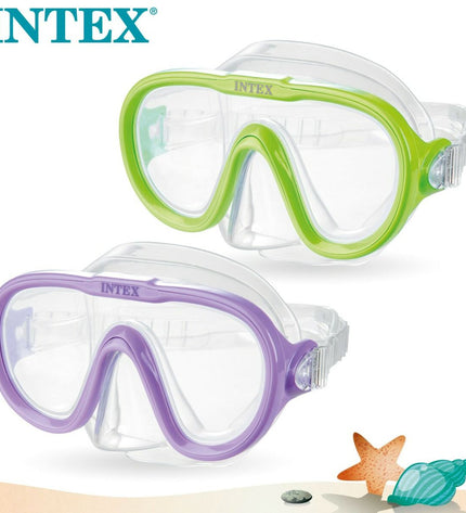 Purple Intex Sea Scan snorkel mask for watersports, featuring adjustable straps and clear viewing lenses.