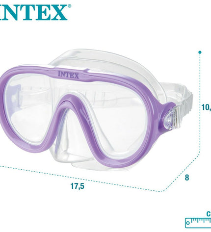 Intex Sea Scan purple snorkel mask for watersports, featuring adjustable strap and clear lens for outdoor snorkeling activities.