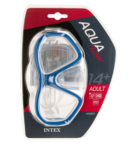 Intex Reef Rider snorkel mask for watersports, close-up of blue and black mask with adjustable strap and clear lens.