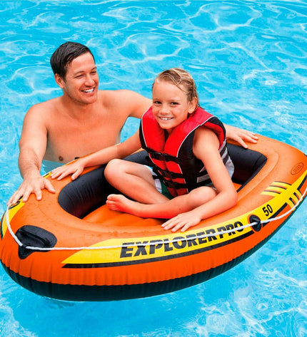 Set of four Intex Explorer Pro 50 inflatable boats for watersport, each measuring 137 x 23 x 85 cm, suitable for outdoor water activities.