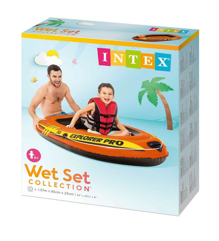 Four Intex Explorer Pro 50 inflatable boats for water sports, measuring 137 x 23 x 85 cm, suitable for outdoor water activities.