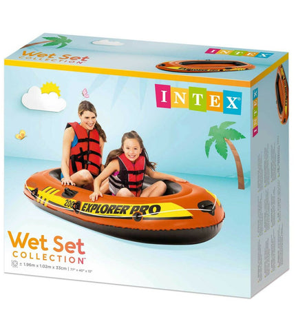 Set of three Intex Explorer Pro inflatable boats for water sports, measuring 196 x 33 x 102 cm, suitable for outdoor water activities.